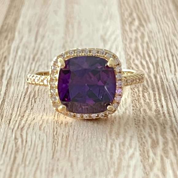 Cushion Cut Amethyst Halo Ring.  Gold Plating over 925 Sterling Silver - Picture 1 of 5